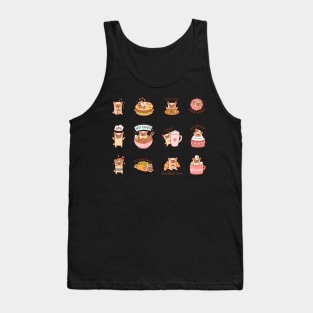 Cute dogs of Pug breed with different food Tank Top